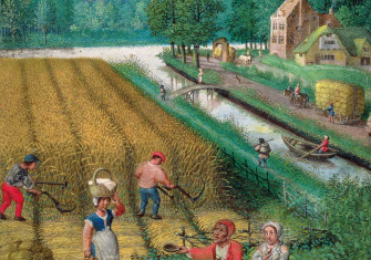 Harvesting, ploughing and sowing, from  a book of hours, Flemish, c.1540.