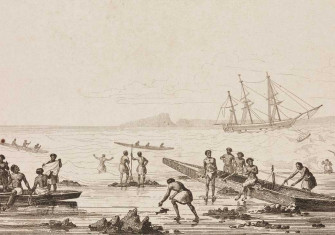 Tongan men with canoes, French 19th-century engraving.