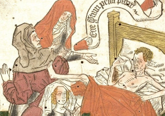 A dying man in his bed from a 15th century manuscript. Universitätsbibliothek Heidelberg. Public Domain.