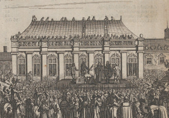 The execution of king Charles I from the title page of Dutch pamphlet Engelandts Memoriael, c. 1649. Metropolitan Museum of Art. Public Domain.