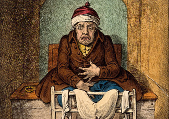 ‘Brisk Cathartic’: A sick man stranded on the toilet after taking a laxative. Coloured etching by J. Gillray, 1804, after J. Sneyd. Wellcome Collection. Public Domain.