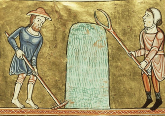 Men mowing and turning grass and making haystacks, c. 1180. Koninklijke Bibliotheek. Public Domain.