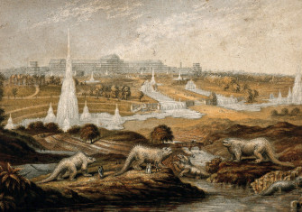 A view of Crystal Palace with the dinosaurs in the foreground, process print by G. Baxter, c. 1864. Wellcome Collection. Public Domain.
