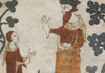 Merlin advises Vortigern, from the Roman de Brut, translation of Geoffrey’s History by Wace, English, 1338-40. British Library/Bridgeman Images.