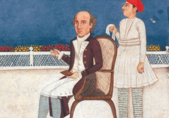 Warren Hastings depicted in a manuscript of the Divan of Minnat, India, c.1782. British Library/Bridgeman Images.
