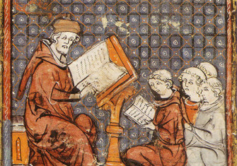Teaching at Paris, in a late 14th-century Grandes Chroniques de France: the tonsured students sit on the floor.