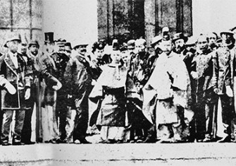 A teenage Emperor Meiji with foreign representatives at the end of the Boshin War, 1868-1870.