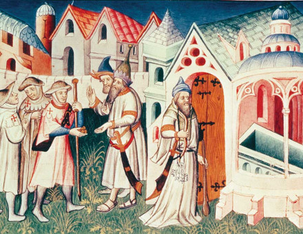 Pilgrims in front of the Church of the Holy Sepulchre in Jerusalem, from Liber peregrinationis, French, c.1410 © Bridgeman Images.