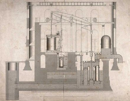 Longitudinal section of the Boulton & Watt engine erected at the East London Water Works, Old Ford / Thomas Wicksteed ; G. Gladwin. Wicksteed, Thomas. Date 1842