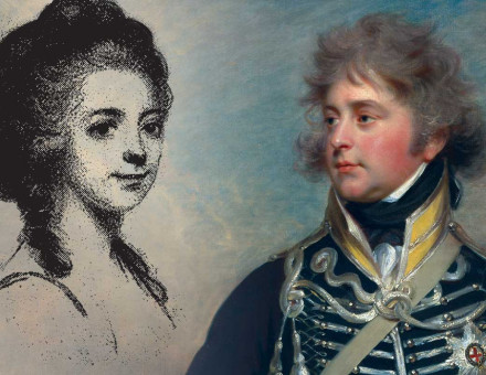 Left: Illustration of Mary Hamilton from a miniature in a ring given by her to Mr John Dickenson after their engagement. Frontispiece (portrait detail) to Mary Hamilton, afterwards Mrs. John Dickenson, at Court and at Home, from Letters and Diaries 1756 to 1816, edited by her great-granddaughters Elizabeth and Florence Anson (John Murray, 1925). Right: George IV when Prince of Wales, by William Beechey, c.1798. Metropolitan Museum of Art, New York.