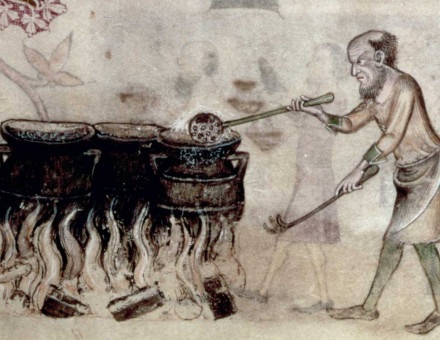 A cooking scene, from The Luttrell Psalter. English, c.1330 © British Library Board/Bridgeman Images.