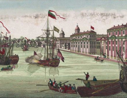 Philadelphia waterfront, 18th-century coloured engraving.