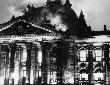 The Reichstag on fire, Berlin, February 1933.