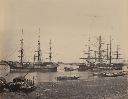 Ships anchored at Calcutta in the decades after the route to India was by opened to steamships, by John Edward Saché, 1865. The J. Paul Getty Museum. Public Domain.