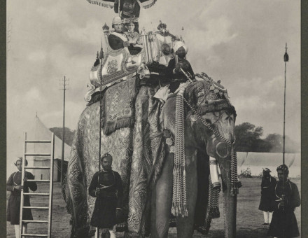 Lord and Lady Curzon ride an elephant, c. 1895. National Science and Media Museum. Public Domain.