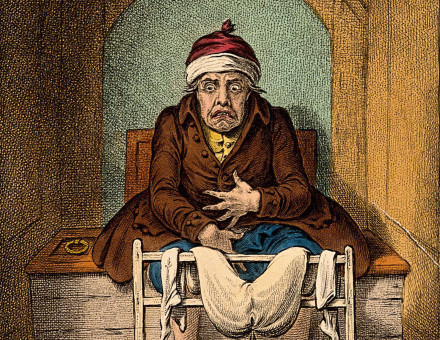 ‘Brisk Cathartic’: A sick man stranded on the toilet after taking a laxative. Coloured etching by J. Gillray, 1804, after J. Sneyd. Wellcome Collection. Public Domain.
