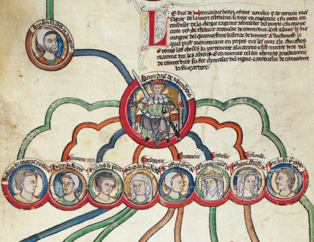 Angevin family tree showing Henry II and his children. From left: William, Henry, Richard, Matilda, Geoffrey, Eleanor, Joan and John. Niday Picture Library/Alamy Stock Photo.