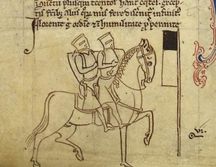 Two Templar Knights on one horse, symbol of the Knights Templar, illustration from Matthew Paris' 'Historia Anglorum', 1250-54. © British Library Board. All Rights Reserved/Bridgeman Images.