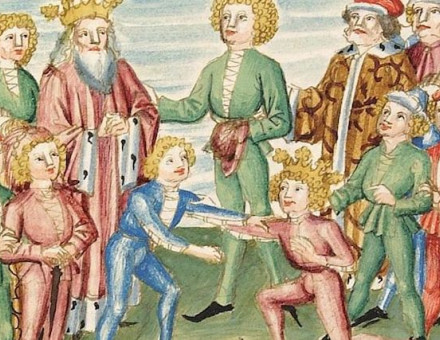 Children wrestle before a king, c. 1470-80. Universitätsbibliothek Heidelberg. Public Domain.