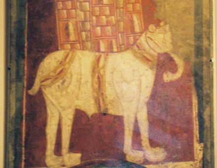 A picture of a white war elephant from 11th century Spain