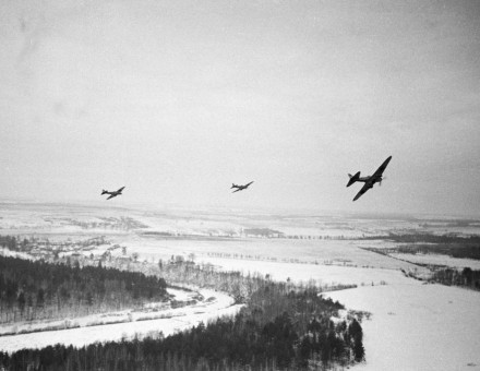Soviet planes flying over German positions near Moscow.