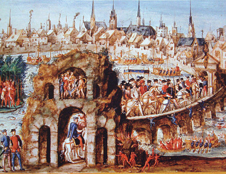 King Henry's formal entry into Rouen in 1550, showing the Brazilians' performance in his honour in the 'jungle' outside the city walls