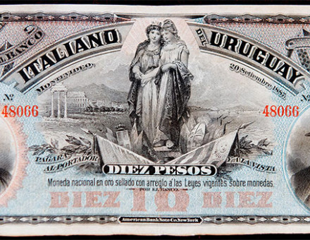Ten pesos banknote, printed in Uruguay in 1887, with the image of Garibaldi