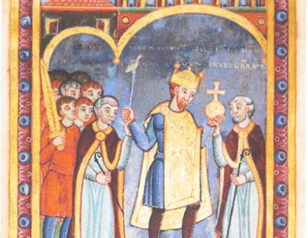 Henry with the symbols of rulership attending the consecration of the Stavelot monastery church on 5 June 1040, mid-11th century miniature