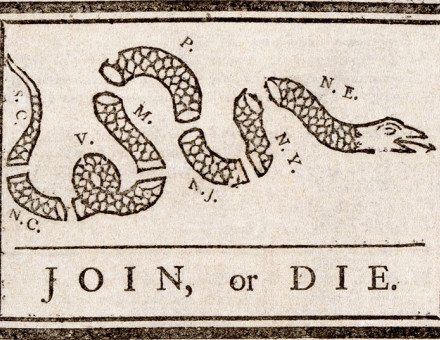 Franklin's 'Join, or Die', in the Pennsylvania Gazette, May 9th, 1754.