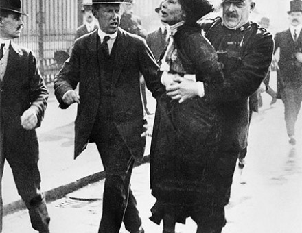 Emmeline Pankhurst is arrested by police outside Buckingham Palace while trying to present a petition to George V in May 1914