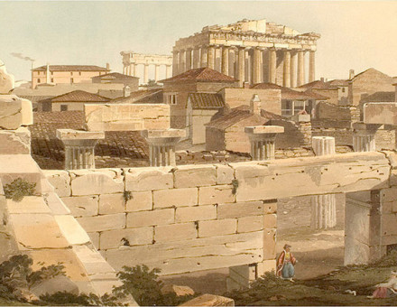 'View of the Parthenon from the Propylea', Edward Dodwell, Views in Greece, London 1821, depicting buildings of the time within the Acropolis