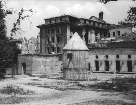 July 1947 photo of the rear entrance to the Führerbunker in the garden of the Reich Chancellery.