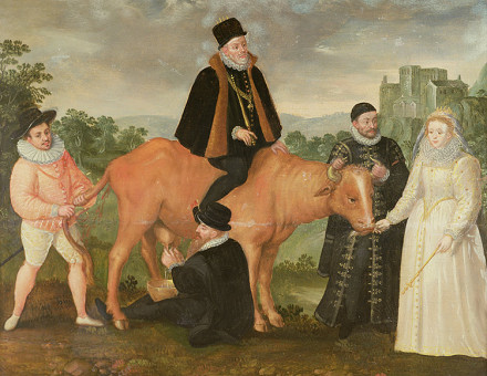 Philip II (on a cow) with the Duke of Alençon, the Duke of Alba, William of Orange and Elizabeth I, by Philip Moro, 16th century