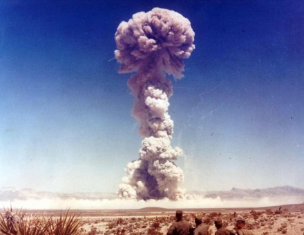 Military personnel observing one of the tests in the Buster-Jangle Series in the autumn of 1951. Photo courtesy of National Nuclear Security Administration / Nevada Site Office