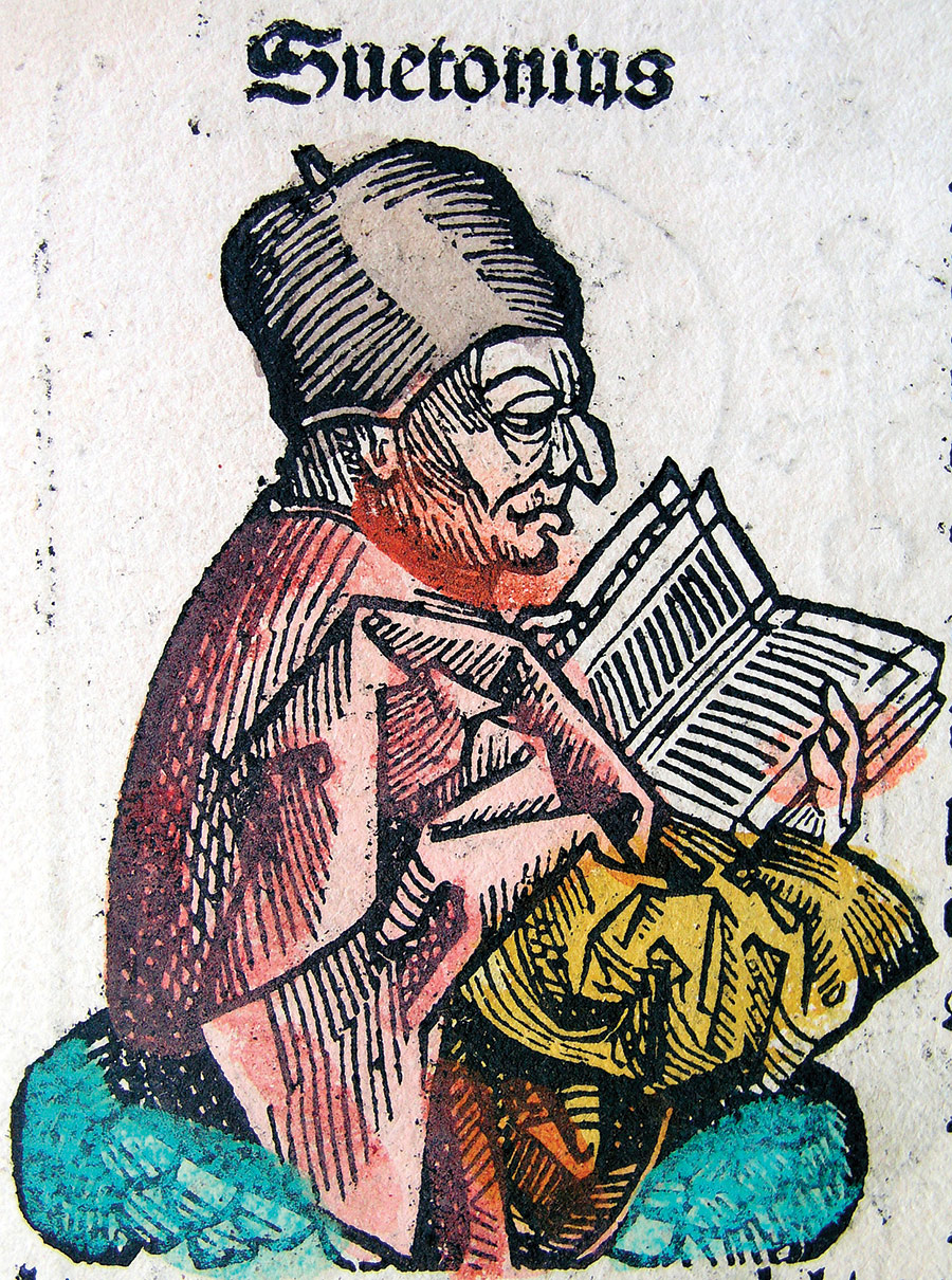 Collector of curious: Suetonius, coloured woodcut from the Nuremberg Chronicle, 1493.