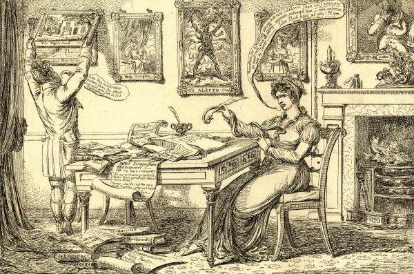 'Lady P Aragraph championizing', a satirical print of 1814 which shows Lady Perceval writing 'strong but not libellous' pieces for newspaper publication via an intermediary