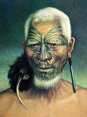 Tattooed Maori chief Tukukino, New Zealand, c. 1880