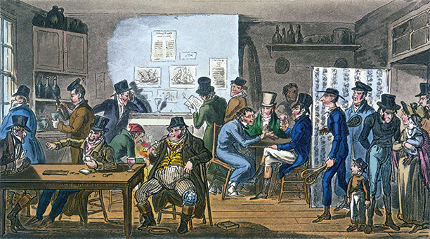 An illustration by Robert Cruikshank to the 1821 edition of Egan's Life in London shows debtors in the Fleet Prison