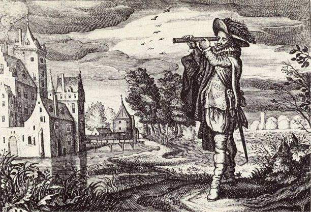 Early depiction of a ‘Dutch telescope’ from the “Emblemata of zinne-werck” (Middelburg, 1624) of the poet and statesman Johan de Brune (1588-1658). 