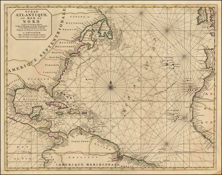 17th Century Dutch Sea Chart of the The East Coast of America and the Atlantic Trade Route, illustrating the modern European Trade Routes to the West Indies and  Eastern Coast of America at the end of the 17th Century.