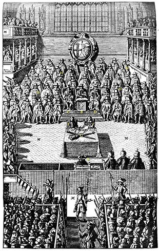 A plate depicting the Trial of Charles I in January 1649, from John Nalson