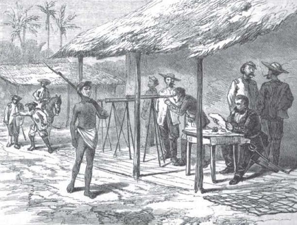 A Paraguayan soldier late in the war on sentry duty at López' headquarters. Copied from Harper's New Monthly Magazine, Vol. 40 (1870).