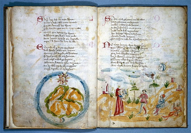 Text, map and illustration of uroscopy. Mid 15th century