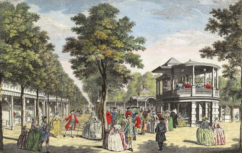 'Vauxhall Gardens showing the Grand Walk at the entrance of the Garden and the Orchestra with the Musick Playing', print published in London, 1751