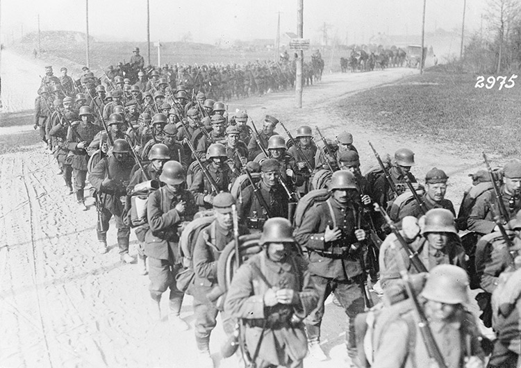 Men of the German Fifth Army march in the direction of Verdun