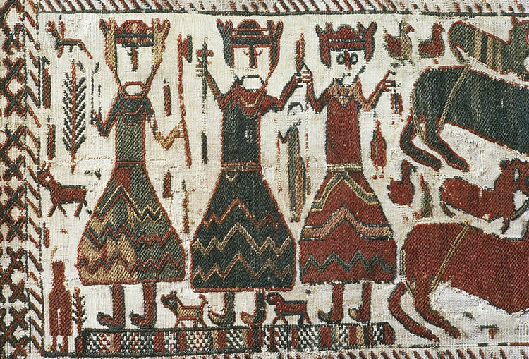Detail from the Skogchurch Tapestry depicting the Norse Gods Odin, Thor and Freyr, Sweden, 12th century. 
