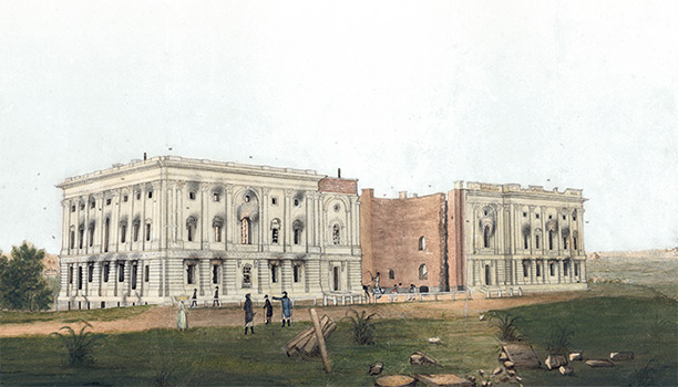 George Munger's drawing of the unfinished Capitol building in ruins after the British set fire to it. 