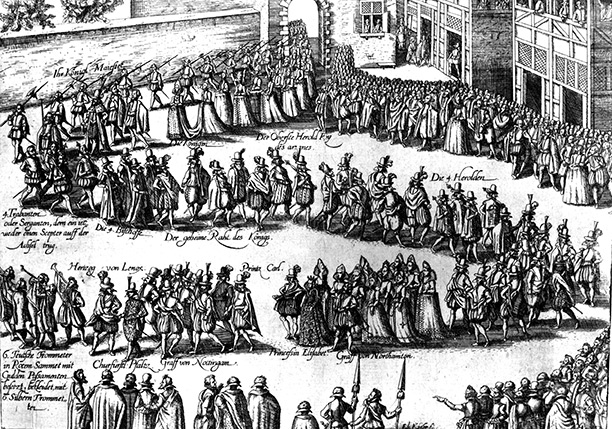 Procession for the wedding of Elizabeth to Frederick V. An engraving by Abraham Hogenberg, c. 1613