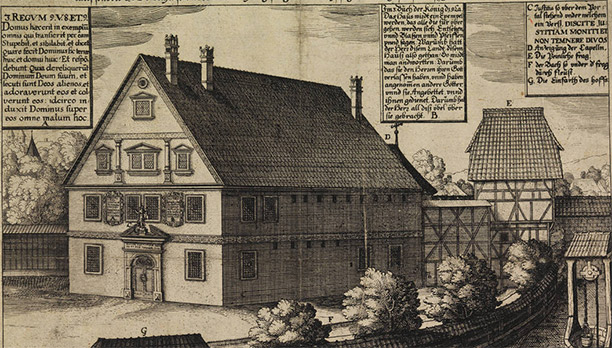The Malefizhaus of Bamberg, Germany, where suspected witches were held and interrogated. 1627 engraving