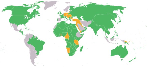 Map of the World showing the participants in the First World War: Green - Entente and Allies; Orange - Central Powers; Grey - Neutral